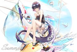 1girl bare_arms black_hair breasts ellen_joe eous_(zenless_zone_zero) eyewear_on_head fingernails fishing_rod full_body hair_ornament hairclip large_breasts nail_polish outdoors parted_lips red_eyes red_hair red_nails shark_girl sharkboo_(zenless_zone_zero) short_hair sitting solo sunglasses surfboard swimsuit toenail_polish toenails tree wangzili_shitoumen water zenless_zone_zero