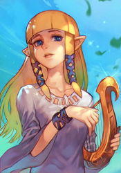 Rule 34 | 1girl, bangle, blonde hair, blue eyes, blue sky, bracelet, collarbone, hair tubes, harp, holding, holding instrument, hungry clicker, instrument, jewelry, long hair, long sleeves, nintendo, outdoors, pointy ears, princess zelda, sidelocks, sky, solo, the legend of zelda, the legend of zelda: skyward sword, upper body, wide sleeves, wind