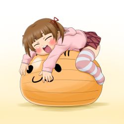 Rule 34 | 1girl, :3, ball, blush, brown hair, closed eyes, exercise ball, full body, goriate, hair ribbon, marui mitsuba, mitsudomoe, ribbon, short hair, short twintails, skirt, solo, striped clothes, striped thighhighs, thighhighs, twintails