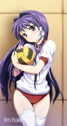 Rule 34 | 00s, 1girl, ardnades, ball, buruma, clannad, fujibayashi kyou, gym uniform, head tilt, long hair, looking at viewer, purple eyes, purple hair, smile, solo, thighhighs, thighs, volleyball, volleyball (object), white thighhighs