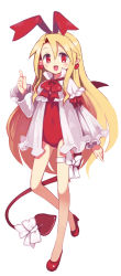Rule 34 | 1girl, :d, ajitarou (setsu), bare legs, blonde hair, blouse, bow, bowtie, capelet, covered navel, demon tail, disgaea, earrings, flonne, flonne (fallen angel), full body, hair ribbon, heart, heart earrings, high heels, highres, jewelry, leotard, long hair, looking at viewer, makai senki disgaea, open mouth, pointy ears, red bow, red eyes, red footwear, red leotard, red ribbon, ribbon, shirt, simple background, smile, solo, standing, tail, tail bow, tail ornament, white background, white bow, white capelet, white shirt, wings