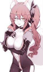 Rule 34 | 1girl, ;p, animal ears, biker clothes, bikesuit, black gloves, bodysuit, bow, breasts, choker, cleavage, collarbone, cowboy shot, elbow gloves, fate (series), fox ears, fox tail, glasses, gloves, hair bow, hand on own chest, koyanskaya (assassin) (first ascension) (fate), koyanskaya (fate), large breasts, long hair, looking at viewer, one eye closed, pink hair, side ponytail, solo, sumisu (mondo), tail, tamamo (fate), tamamo no mae (fate/extra), tongue, tongue out, unzipped, v-shaped eyebrows, wavy hair, yellow eyes, zipper