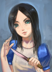 Rule 34 | alice: madness returns, alice (alice in wonderland), alice in wonderland, alice liddell (american mcgee&#039;s alice), american mcgee&#039;s alice, black hair, green eyes, inoi, knife, long hair, solo, weapon