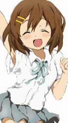Rule 34 | 1girl, :d, ^ ^, absurdres, arm up, bad id, bad pixiv id, blush, brown hair, clenched hand, closed eyes, closed eyes, hair ornament, hairclip, highres, hirasawa yui, hitode, k-on!, neck ribbon, open mouth, ribbon, school uniform, shirt, short hair, short sleeves, sketch, skirt, smile, solo, white background, wing collar