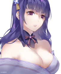 Rule 34 | 1girl, absurdres, bare shoulders, breasts, cleavage, commentary request, flower, genshin impact, hair ornament, highres, japanese clothes, kagenntsuki, kimono, large breasts, long hair, mole, mole under eye, open mouth, purple eyes, purple flower, purple hair, raiden shogun, ribbon, simple background, solo, white background