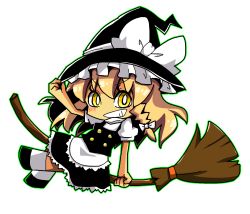Rule 34 | 1girl, apron, bow, braid, broom, broom riding, female focus, grin, hat, highres, jiro-min, juliet sleeves, kirisame marisa, long sleeves, puffy sleeves, simple background, smile, touhou, white background, witch hat, yellow eyes