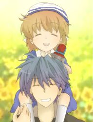 Rule 34 | 00s, 1boy, 1girl, age difference, ai (harupyawww), blue hair, brown hair, carrying, child, clannad, closed eyes, dixie cup hat, family, father and daughter, hat, military hat, okazaki tomoya, okazaki ushio, robot, short hair, shoulder carry