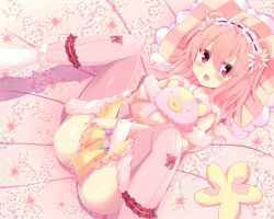 Rule 34 | 1girl, absurdres, bed, blush, boots, curcuma (flower knight girl), hugging doll, flower knight girl, frills, hair between eyes, highres, hug, looking at viewer, lying, medium hair, naitounaitou, no shoes, hugging object, open mouth, pillow, pink hair, pink thighhighs, red eyes, saliva, solo, spread legs, stuffed animal, stuffed toy, teddy bear, thighhighs, thighhighs under boots