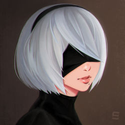 Rule 34 | 1girl, bad id, bad pixiv id, blindfold, brown background, covered eyes, hair over eyes, hairband, highres, lips, mole, mole under mouth, nier:automata, nier (series), portrait, samobscure, short hair, silver hair, solo, 2b (nier:automata)