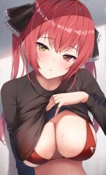 Rule 34 | 1girl, arrow through heart, bikini, black sweater, breasts, cleavage, clothes lift, hair ribbon, heterochromia, highres, hololive, houshou marine, iroha (unyun), large breasts, lifting own clothes, long hair, long sleeves, looking at viewer, parted lips, red bikini, red eyes, red hair, ribbon, sidelocks, solo, sweater, sweater lift, swimsuit, twintails, upper body, virtual youtuber, yellow eyes