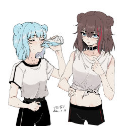 Rule 34 | 2girls, animal ears, arknights, bare arms, bare shoulders, bear ears, black choker, black pants, blue eyes, blue hair, blush, bottle, brown hair, chinese commentary, choker, closed eyes, collarbone, commentary request, cowboy shot, crop top, dated, groin, hair between eyes, hand on own hip, hand up, highres, holding, holding bottle, istina (arknights), looking at viewer, midriff, multicolored hair, multiple girls, navel, no headwear, pants, red hair, shirt, short hair, short sleeves, signature, simple background, sleeveless, sleeveless shirt, standing, stomach, streaked hair, sweat, tied shirt, water, white background, white shirt, ya kexi, zima (arknights)