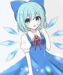 Rule 34 | 1girl, :p, absurdres, blue bow, blue dress, blue eyes, blue hair, bow, cirno, collared shirt, detached wings, dress, flat chest, hair bow, highres, ice, ice wings, neck ribbon, pinafore dress, piyoru nico, puffy short sleeves, puffy sleeves, red ribbon, ribbon, shirt, short hair, short sleeves, simple background, sleeveless dress, solo, tongue, tongue out, touhou, v, white background, white shirt, wings