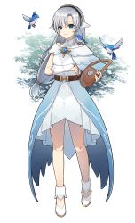 Rule 34 | 1girl, animal, animal on shoulder, bare shoulders, belt, bird, bird on shoulder, black hairband, blue eyes, bluebird, bridal gauntlets, brown belt, capelet, commentary request, dress, eyelashes, full body, gem, grey hair, hair between eyes, hairband, harp, high heels, highres, holding, holding instrument, instrument, long hair, looking at viewer, low-tied long hair, original, parted bangs, parted lips, shoes, sidelocks, sleeveless, sleeveless dress, smile, solo, standing, su34ma, tree, waist cape, white dress, white footwear