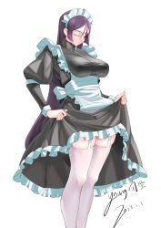 Rule 34 | 1girl, absurdres, alternate costume, apron, black dress, breasts, broom, closed eyes, clothes lift, dated, dress, dress lift, enmaided, fate/grand order, fate (series), frills, highres, juliet sleeves, large breasts, long hair, long sleeves, low-tied long hair, maid, maid headdress, minamoto no raikou (fate), parted bangs, puffy sleeves, purple hair, signature, simple background, solo, thighhighs, very long hair, white apron, white thighhighs, xdsama