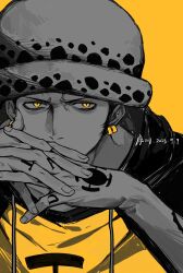 Rule 34 | 1boy, arm tattoo, black hoodie, dated, drawstring, earrings, hand tattoo, hat, highres, hood, hoodie, jewelry, looking at viewer, monochrome, one piece, own hands together, simple background, slit pupils, solo, tattoo, trafalgar law, two-tone hoodie, upper body, white hat, xuchuan, yellow background, yellow eyes, yellow hoodie