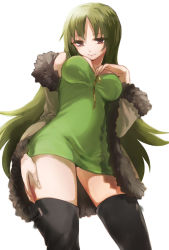Rule 34 | 1girl, bare shoulders, blush, boots, breasts, brown eyes, dress, fate/apocrypha, fate (series), female focus, fingernails, from below, green dress, green hair, jacket, long fingernails, long hair, looking at viewer, rikudou reika, simple background, smile, smirk, solo, thigh boots, thighhighs, very long hair, white background