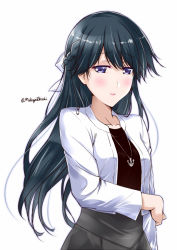 Rule 34 | 1girl, alternate costume, anchor symbol, black hair, blue eyes, blush, braid, casual, cosplay, french braid, hair ribbon, haruna (kancolle) (cosplay), haruna (kancolle), houshou (kancolle), jacket, jewelry, kantai collection, looking at viewer, mikage takashi, necklace, open mouth, ribbon, skirt, smile, solo