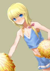 1other, androgynous, blonde hair, blue eyes, blue shirt, blue skirt, blush, bow, bright pupils, cheerleader, chevalier d&#039;eon (fate), closed mouth, cowboy shot, dutch angle, fate/grand order, fate (series), flat chest, gishu, hair bow, hair over shoulder, holding, holding pom poms, long hair, looking at viewer, miniskirt, navel, pink bow, pom poms, shirt, side ponytail, simple background, skirt, sleeveless, sleeveless shirt, smile, solo, wavy mouth, white pupils, yellow background