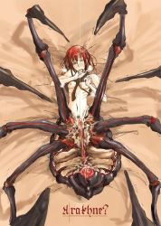 Rule 34 | 1girl, arthropod girl, arthropod limbs, bed, blush, breasts, female pubic hair, flat chest, insect girl, monster, monster girl, pubic hair, pussy, red hair, solo, spider girl, z-ton