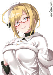 1girl ahoge alternate_hair_length alternate_hairstyle arm_at_side black_shirt blonde_hair blue_eyes blush breasts capelet casual commentary_request contemporary ebifurya hand_on_own_chest highres i-8_(kancolle) kantai_collection large_breasts light_smile school_swimsuit semi-rimless_eyewear shirt short_hair solo swept_bangs swimsuit turtleneck twitter_username upper_body white_background white_capelet