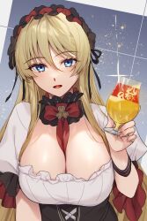 Rule 34 | 1girl, azur lane, between breasts, bismarck (azur lane), blonde hair, blue eyes, bow, breasts, cup, frilled hairband, frills, hair between eyes, hairband, highres, holding, holding cup, huge breasts, long hair, looking at viewer, maitei roppa, official alternate costume, open mouth, puffy short sleeves, puffy sleeves, red bow, short sleeves, solo, upper body, very long hair