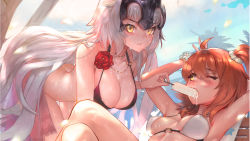 Rule 34 | 2girls, ahoge, all fours, armpits, arms up, asymmetrical hair, bare arms, bare legs, bare shoulders, beach towel, bikini, black bikini, blue sky, blurry, blush, bottomless, bracelet, breasts, breasts apart, chair, cleavage, collarbone, covered erect nipples, crossed legs, day, deck chair, depth of field, duan henglong, eating, fate/grand order, fate (series), feeding, female focus, flower, food, foreshortening, fruit, fujimaru ritsuka (female), furrowed brow, hair between eyes, hair ornament, hanging breasts, headphones, headpiece, highres, jeanne d&#039;arc (fate), jeanne d&#039;arc alter (avenger) (fate), jeanne d&#039;arc alter (fate), jewelry, long hair, looking at another, looking at viewer, looking to the side, lounge chair, lying, medium breasts, mismatched bikini, motion blur, multiple girls, necklace, on back, one eye closed, orange hair, outdoors, palm tree, raised eyebrows, red flower, red rose, rose, see-through, side ponytail, silver hair, sky, sweat, swimsuit, thigh gap, towel, tree, type-moon, very long hair, wallpaper, white bikini, wince, yellow eyes, yuri