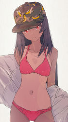 Rule 34 | 1girl, absurdres, akagi (fmttps), bare shoulders, baseball cap, bikini, black hair, brown hat, closed mouth, collarbone, commentary request, copyright request, cowboy shot, flat chest, grey background, grey shirt, hat, head tilt, highres, long hair, looking at viewer, navel, off shoulder, one-piece tan, open clothes, open shirt, pink bikini, red eyes, shirt, simple background, solo, stomach, swimsuit, tan, tanline