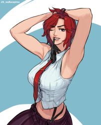 Rule 34 | 1girl, armpits, arms up, blouse, blue background, breasts, collared shirt, glove in mouth, gloves, highres, large breasts, mouth hold, necktie, one eye closed, red hair, red necktie, shirt, sleeveless, sleeveless shirt, snk, solo, tagme, the king of fighters, the king of fighters xv, vanessa (kof), wallace pires, white background, white shirt