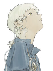 Rule 34 | 1boy, absurdres, blue shirt, cable, chenrong96, closed mouth, collared shirt, green eyes, headgear, highres, jewelry, looking up, male focus, original, pendant, popped collar, shirt, short hair, simple background, solo, upper body, white background, white hair