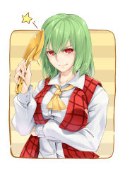 Rule 34 | 1girl, ascot, asutora, green hair, highres, kazami yuuka, long sleeves, looking at viewer, open clothes, open vest, red eyes, shirt, shovel, smile, solo, star (symbol), touhou, upper body, vest, worktool