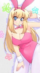 Rule 34 | animal ears, blonde hair, blue eyes, blush, bow, bowtie, breasts, cleavage, cuffs, fake animal ears, hip focus, large breasts, leaning forward, leotard, long hair, momo (fruits box), pantyhose, playboy bunny, rabbit ears, solo, wide hips