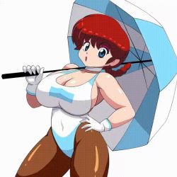 Rule 34 | 1girl, :o, alternate breast size, animated, animated gif, bare shoulders, blue eyes, bouncing breasts, braid, breast focus, breasts, cleavage, collarbone, curvy, female focus, gloves, hand on own hip, highleg, highleg leotard, holding, holding umbrella, large breasts, leotard, looking at viewer, moyashi, open mouth, pantyhose, race queen, ranma-chan, ranma 1/2, red hair, shiny clothes, shiny skin, simple background, single braid, solo, standing, strapless, umbrella, white background, white gloves, white leotard, wide hips