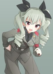Rule 34 | 10s, 1girl, anchovy (girls und panzer), bad id, bad pixiv id, belt, black shirt, blush, brown eyes, dress shirt, drill hair, girls und panzer, green hair, grey jacket, grey pants, hair ribbon, jacket, long hair, long sleeves, military, military uniform, mobu, necktie, open mouth, pants, pointer, ribbon, riding crop, shirt, smile, solo, twin drills, twintails, uniform