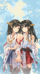 Rule 34 | 10s, 2girls, black eyes, black hair, blue eyes, boots, detached sleeves, glasses, hairband, holding hands, haruna (kancolle), japanese clothes, kantai collection, kirishima (kancolle), multiple girls, naruse chisato, nontraditional miko, siblings, sisters, smile, thigh boots, thighhighs, wide sleeves, yuri