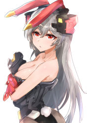 Rule 34 | 1girl, absurdres, animal ears, armor, armored leotard, bare back, bare shoulders, black pantyhose, breasts, charolic (girls&#039; frontline 2), cleavage, closed mouth, collarbone, crossed arms, fake animal ears, feet out of frame, from side, girls&#039; frontline, girls&#039; frontline 2: exilium, grey hair, hair ornament, highres, long hair, looking at viewer, medium breasts, muteppona hito, pantyhose, rabbit tail, red eyes, sideboob, solo, standing, tail, white background