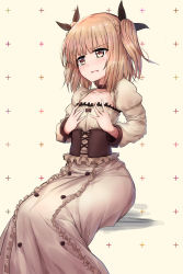 Rule 34 | 10s, 1girl, blush, breast conscious, brown dress, brown eyes, choker, dress, frills, highres, iijima yun, kenniti123 (kennitipotto), light brown hair, new game!, open mouth, sitting, solo