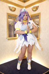 Rule 34 | 1girl, ankle boots, asian, blue eyes, blue hair, boots, bow, bracelet, breasts, choker, chouzuki maryou, cosplay, cure diamond, cure diamond (cosplay), dokidoki! precure, dress, headpiece, highres, jewelry, large breasts, long hair, magical girl, matching hair/eyes, own hands together, photo (medium), plump, ponytail, precure, puffy short sleeves, puffy sleeves, ribbon, short sleeves, solo, tiara