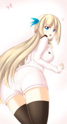 Rule 34 | 1girl, ass, bad id, bad pixiv id, blonde hair, blue eyes, breasts, dd (897671246), from behind, from below, highres, large breasts, lexington (warship girls r), long hair, looking back, pantylines, sleeves past wrists, solo, surprised, surprised, thighhighs, thighs, warship girls r