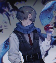 Rule 34 | 1boy, apple, belt, black belt, black hair, black vest, blue eyes, blue scarf, closed mouth, demian (project moon), facial mark, food, forehead mark, fruit, highres, holding, holding food, holding fruit, limbus company, long sleeves, looking at viewer, male focus, necktie, parted bangs, pouch, project moon, red necktie, scarf, shirt, smile, snake, solo, upper body, usamisatori, vest, white shirt