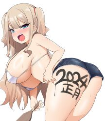 Rule 34 | 1girl, 2024, angry, ass, bebebe (pepegakii), bikini, bikini top only, blonde hair, blue eyes, blush, body writing, breasts, from behind, highres, huge breasts, ink, kousaka airi (bebebe), new year, open mouth, short shorts, shorts, solo, swimsuit, thick thighs, thighs, twintails
