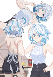 Rule 34 | 1girl, :3, :t, ahoge, alternate costume, backless outfit, bare arms, bare back, bare shoulders, black shorts, blue eyes, blue hair, bottle, breasts, commentary, cowboy shot, english commentary, from behind, furina (genshin impact), genshin impact, hair intakes, hand on own chest, hand on own hip, highres, indoors, multicolored hair, multiple views, pluv hill, refrigerator, short hair, shorts, simple background, sleeveless, sleeveless turtleneck, small breasts, standing, streaked hair, thighs, turtleneck, upper body, v-shaped eyebrows, white background, white hair