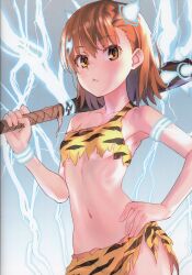 Rule 34 | 1girl, :&lt;, absurdres, animal print, bare shoulders, blush, bracelet, breasts, brown eyes, brown hair, closed mouth, club (weapon), collarbone, cowboy shot, electricity, electrokinesis, fake horns, hair ornament, hand on own hip, highres, holding, holding weapon, horns, jewelry, looking at viewer, medium hair, misaka mikoto, navel, non-web source, over shoulder, psychic, raika9, scan, short hair, small breasts, solo, stomach, tiger print, toaru kagaku no railgun, toaru majutsu no index, torn clothes, underboob, weapon, weapon over shoulder