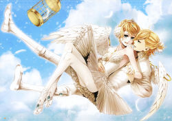 Rule 34 | 1boy, 1girl, absurdres, ballet, blonde hair, blue eyes, brother and sister, cage, cloud, dancing, day, feathers, hair ornament, hairclip, headdress, highres, jewelry, kagamine len, kagamine rin, necklace, official art, short hair, siblings, sky, suzunosuke (sagula), tutu, twins, vocaloid, wings