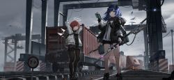 Rule 34 | 2girls, absurdres, arknights, arms behind head, arms up, asymmetrical gloves, bag, bird, black footwear, black gloves, black jacket, black legwear, black shirt, black shorts, blue eyes, blue hair, book, boots, breasts, closed mouth, cloud, cloudy sky, container, crane (machine), even (even yiwen), exusiai (arknights), fur-trimmed hood, fur trim, gantry, gloves, hair over one eye, halo, highres, holding, holding book, hood, hood down, hooded jacket, horns, huge filesize, jacket, light smile, looking at viewer, mismatched gloves, mostima (arknights), multiple girls, open book, open clothes, open jacket, outdoors, overcast, pale skin, pantyhose, pantyhose under shorts, railroad tracks, red eyes, red hair, revision, road sign, shipping container, shirt, short shorts, shorts, shoulder bag, sign, signature, sky, small breasts, staff, standing, train, v-shaped eyebrows, white gloves, white jacket, white shirt, wreckage