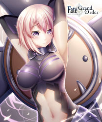 Rule 34 | 1girl, absurdres, armor, armpits, arms behind head, artist request, bare shoulders, blush, breasts, breasts apart, copyright name, elbow gloves, embarrassed, fate/grand order, fate (series), faulds, female focus, gloves, glowing, gorget, guardian-panda, hair between eyes, halterneck, highres, large breasts, leotard, mash kyrielight, navel, parted bangs, purple eyes, shield, short hair, skin tight, solo, stomach