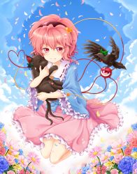 Rule 34 | 1girl, bird, blue sky, blush, bow, cat, cloud, crow, day, eyeball, field, floral print, flower, flower field, full body, hairband, heart, heart of string, highres, jumping, kaenbyou rin, kaenbyou rin (cat), kisa limy, komeiji satori, long sleeves, looking at viewer, multiple tails, petals, pink hair, red eyes, reiuji utsuho, reiuji utsuho (bird), shirt, short hair, skirt, sky, smile, string, tail, third eye, touhou, wide sleeves