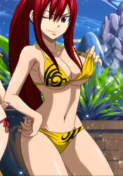 Rule 34 | belly, bikini, breasts, brown eyes, erza scarlet, fairy tail, highres, large breasts, navel, one eye closed, red hair, swimsuit, thick thighs, thighs, wide hips, wink, yellow bikini