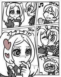 Rule 34 | !, 2girls, ?, apron, bloody marie (skullgirls), blush, brooch, comic, closed eyes, heart, jewelry, juliet sleeves, kiss, long sleeves, lowres, maid headdress, monochrome, multiple girls, musical note, peacock (skullgirls), puffy sleeves, saliva, saliva trail, skullgirls, smile, spot color, twintails, upper body, yuri