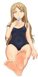 Rule 34 | 10s, 1girl, barefoot, blonde hair, breasts, brown eyes, dagashi kashi, ear piercing, earrings, eating, endou saya, feet, food, hair ornament, hairclip, highres, inanaki shiki, jewelry, crossed legs, long hair, looking at viewer, melting, mouth hold, one-piece swimsuit, piercing, popsicle, sanpaku, school swimsuit, sitting, small breasts, soles, solo, strap slip, swimsuit, toes