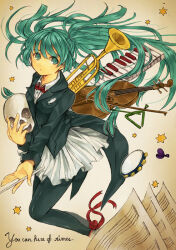 Rule 34 | 1girl, black jacket, black pantyhose, blazer, blue eyes, blue hair, bow, bow (music), bowtie, breasts, brown background, closed mouth, coattails, commentary request, conductor baton, dress, english text, engrish text, expressionless, feathers, feet out of frame, floating hair, hatsune miku, holding, holding baton, holding skull, instrument, jacket, keyboard (instrument), kusabe ichii, long hair, long sleeves, looking at viewer, pantyhose, ranguage, red bow, red bowtie, sheet music, skull, small breasts, solo, star (symbol), tambourine, trumpet, twintails, very long hair, violin, vocaloid, white dress